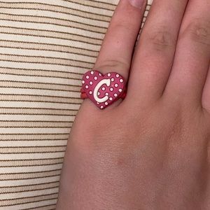 Girly pink and white polka dot c initial ring